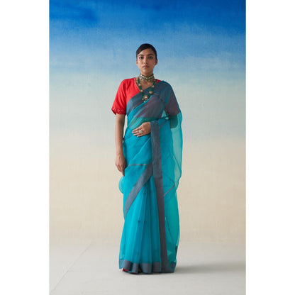 Janki India Blue Organza Embroidered Saree and Petticoat Without Blouse