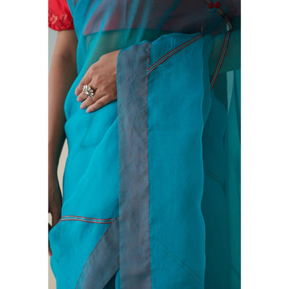 Janki India Blue Organza Embroidered Saree and Petticoat Without Blouse