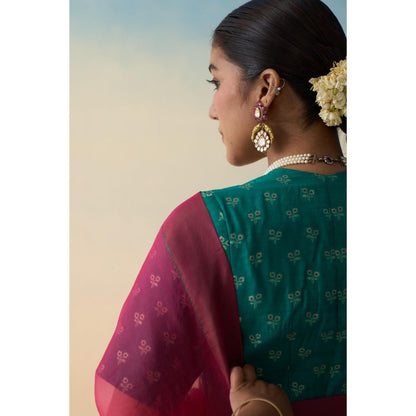 Janki India Fuchsia Pink Organza Embroidered Saree and Petticoat Without Blouse
