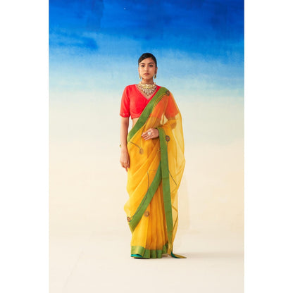 Janki India Yellow Organza Jaal Embroidered Saree and Petticoat Without Blouse