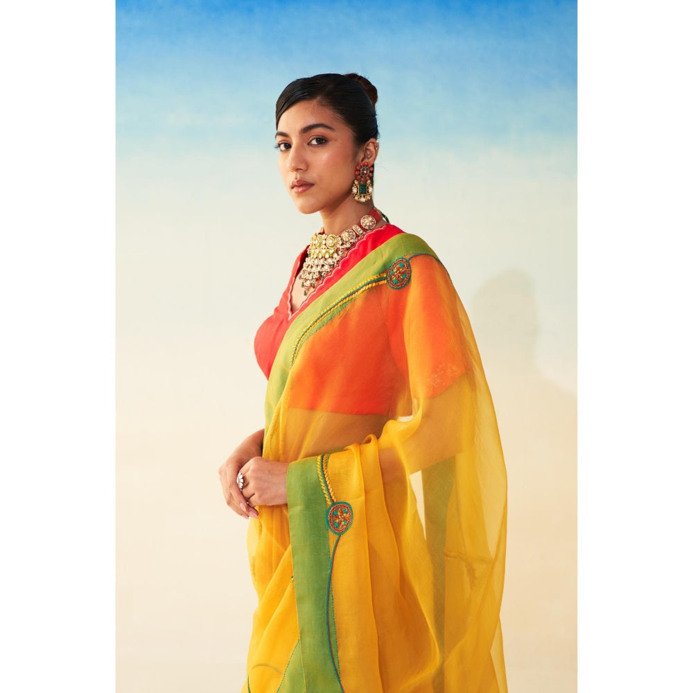 Janki India Yellow Organza Jaal Embroidered Saree and Petticoat Without Blouse
