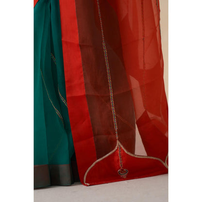 Janki India Orange & Green Organza Embroidered Saree and Petticoat Without Blouse