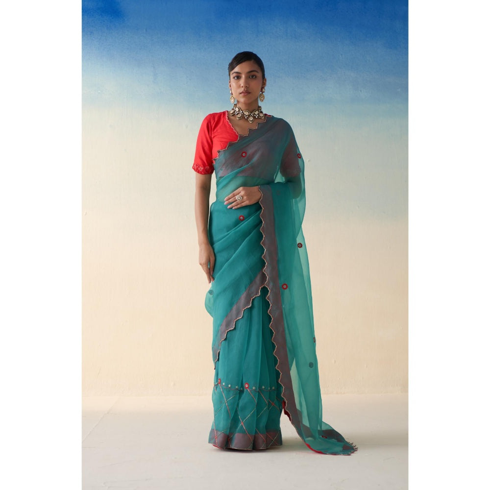 Janki India Turquoise Organza Checkered Jaal Saree and Petticoat Without Blouse