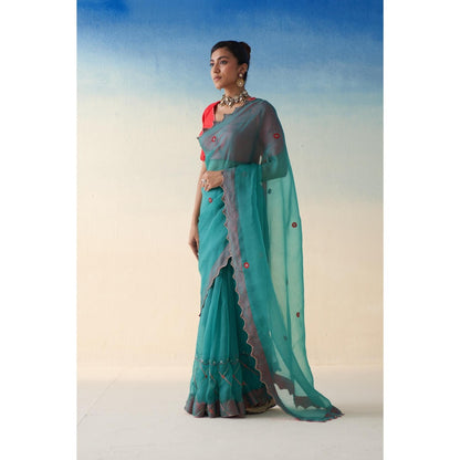Janki India Turquoise Organza Checkered Jaal Saree and Petticoat Without Blouse