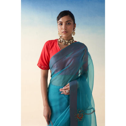 Janki India Turquoise Organza Checkered Jaal Saree and Petticoat Without Blouse
