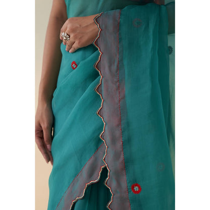 Janki India Turquoise Organza Checkered Jaal Saree and Petticoat Without Blouse