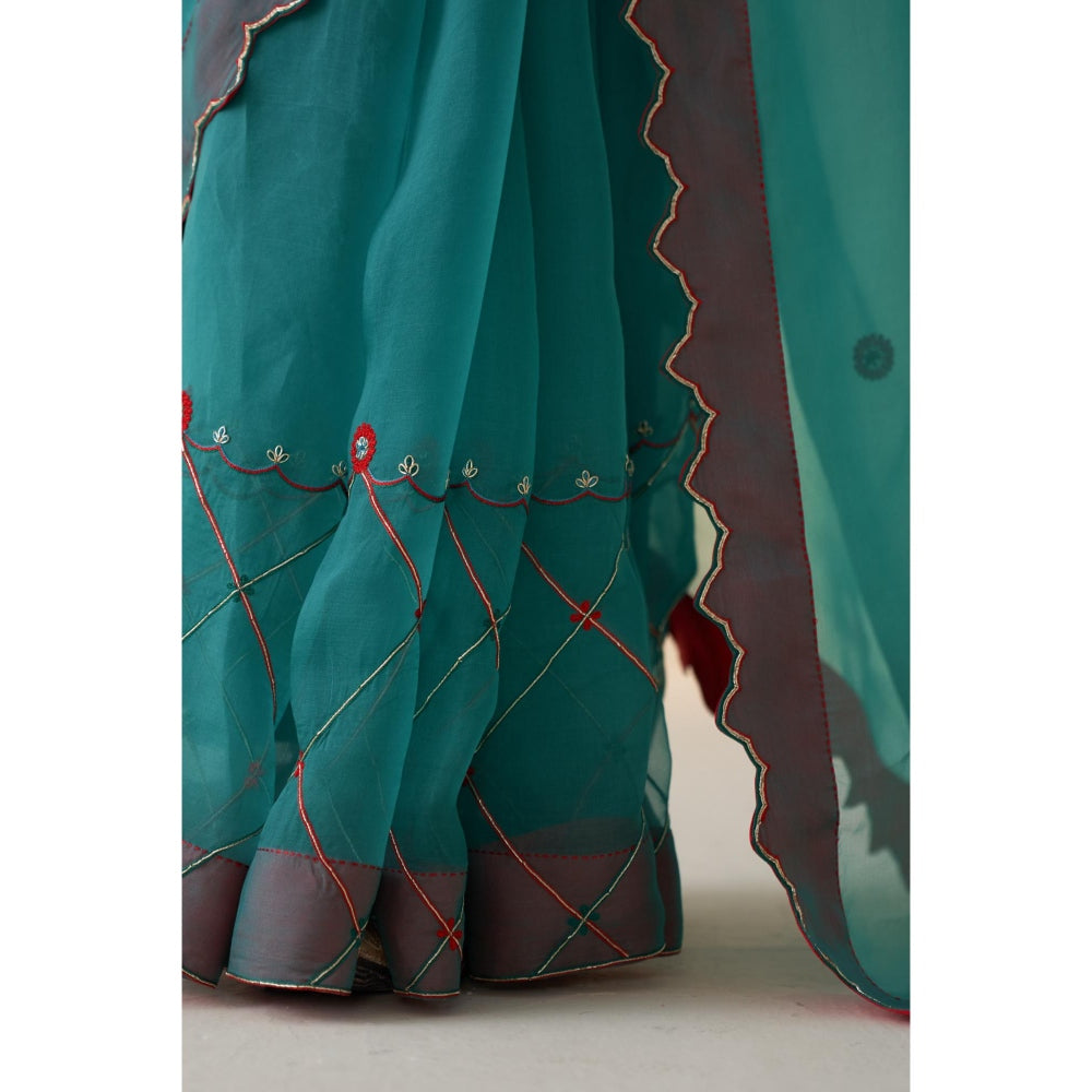 Janki India Turquoise Organza Checkered Jaal Saree and Petticoat Without Blouse