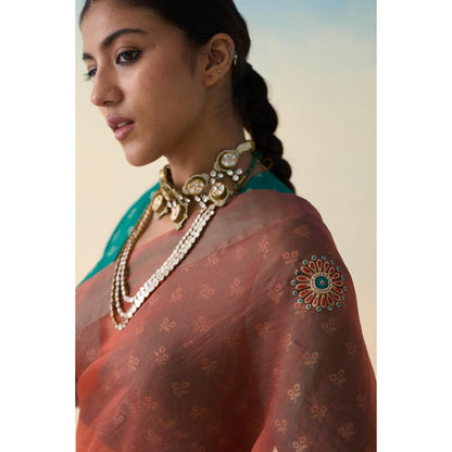 Janki India Peach Organza Embroidered Saree and Petticoat Without Blouse