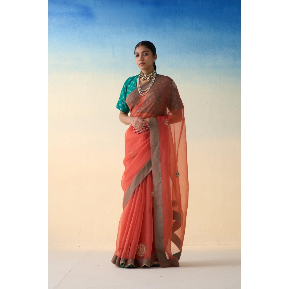 Janki India Peach Organza Embroidered Saree and Petticoat Without Blouse