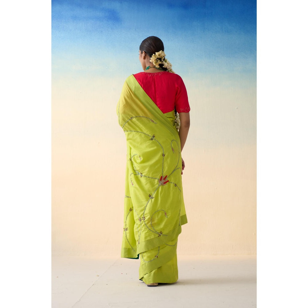 Janki India Lime Green Silk Jaal Embroidered Saree and Petticoat Without Blouse
