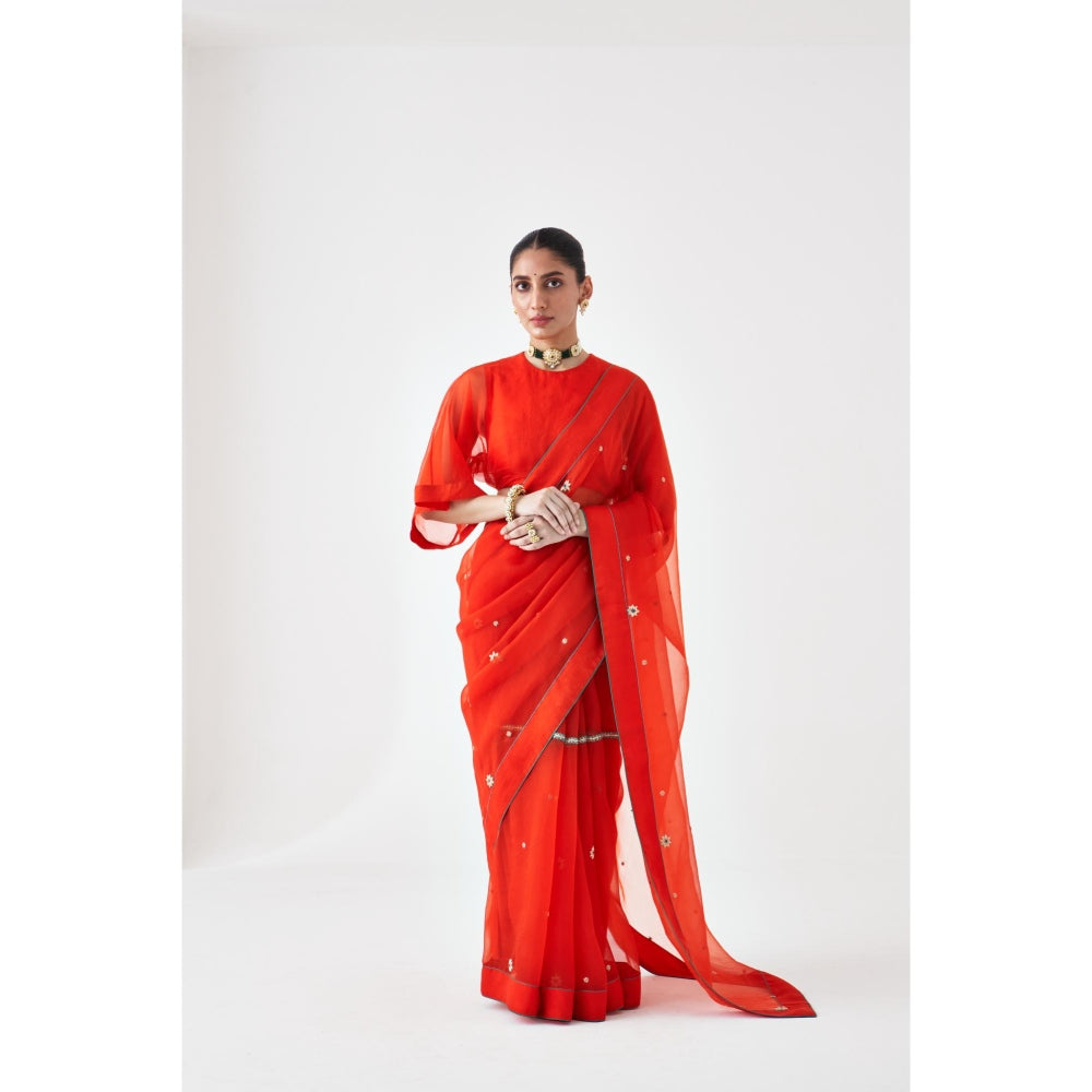 Janki India Orange Embroidered Organza Saree and Petticoat Without Blouse