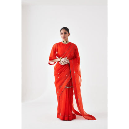 Janki India Orange Embroidered Organza Saree and Petticoat Without Blouse