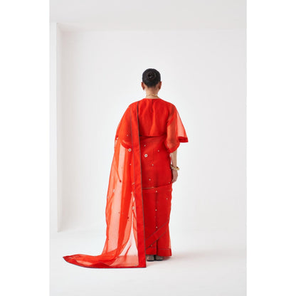 Janki India Orange Embroidered Organza Saree and Petticoat Without Blouse