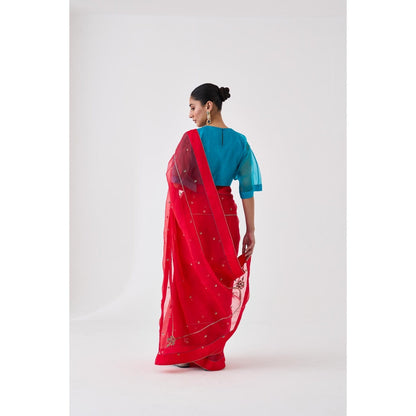 Janki India Red Organza Embroidered Saree and Petticoat Without Blouse
