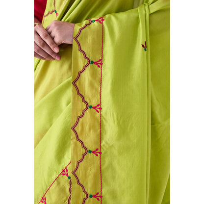 Janki India Lime Green & Fuchsia Embroidered Saree and Petticoat Without Blouse