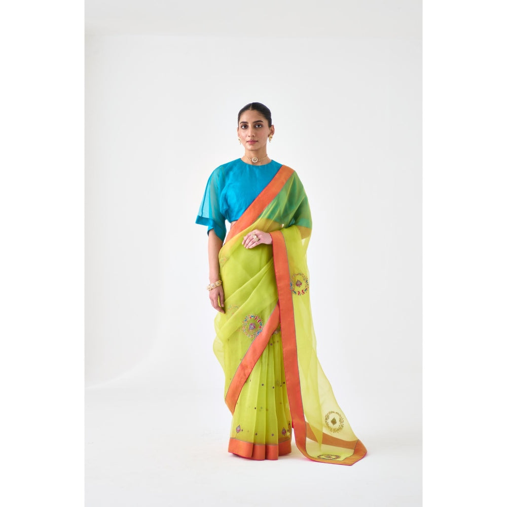 Janki India Lime Green Embroidered Saree and Petticoat Without Blouse