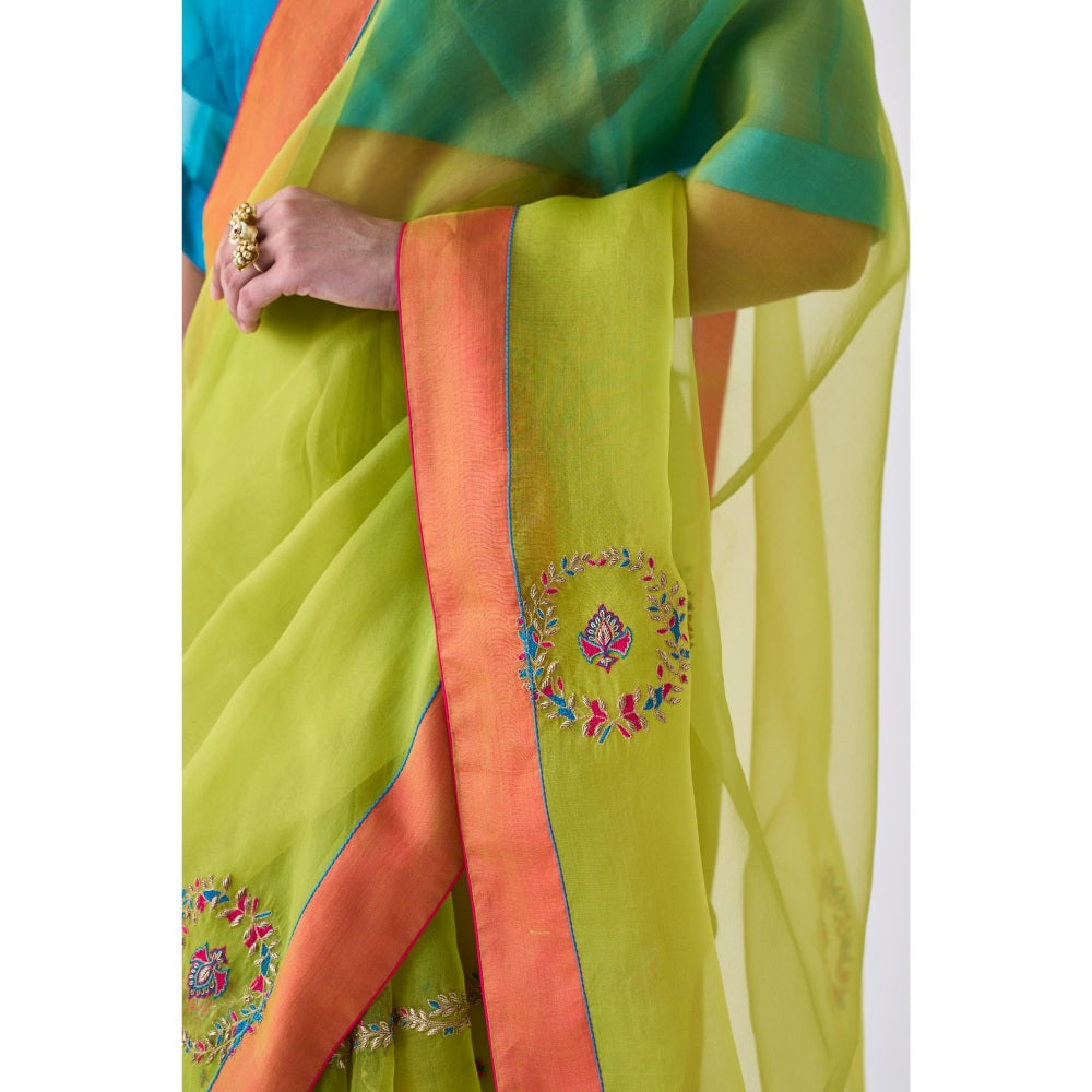 Janki India Lime Green Embroidered Saree and Petticoat Without Blouse