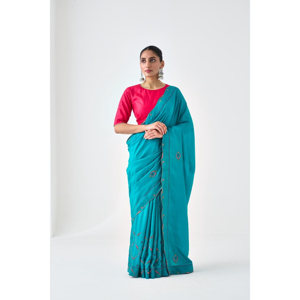 Janki India Blue Silk Embroidered Saree and Petticoat Without Blouse