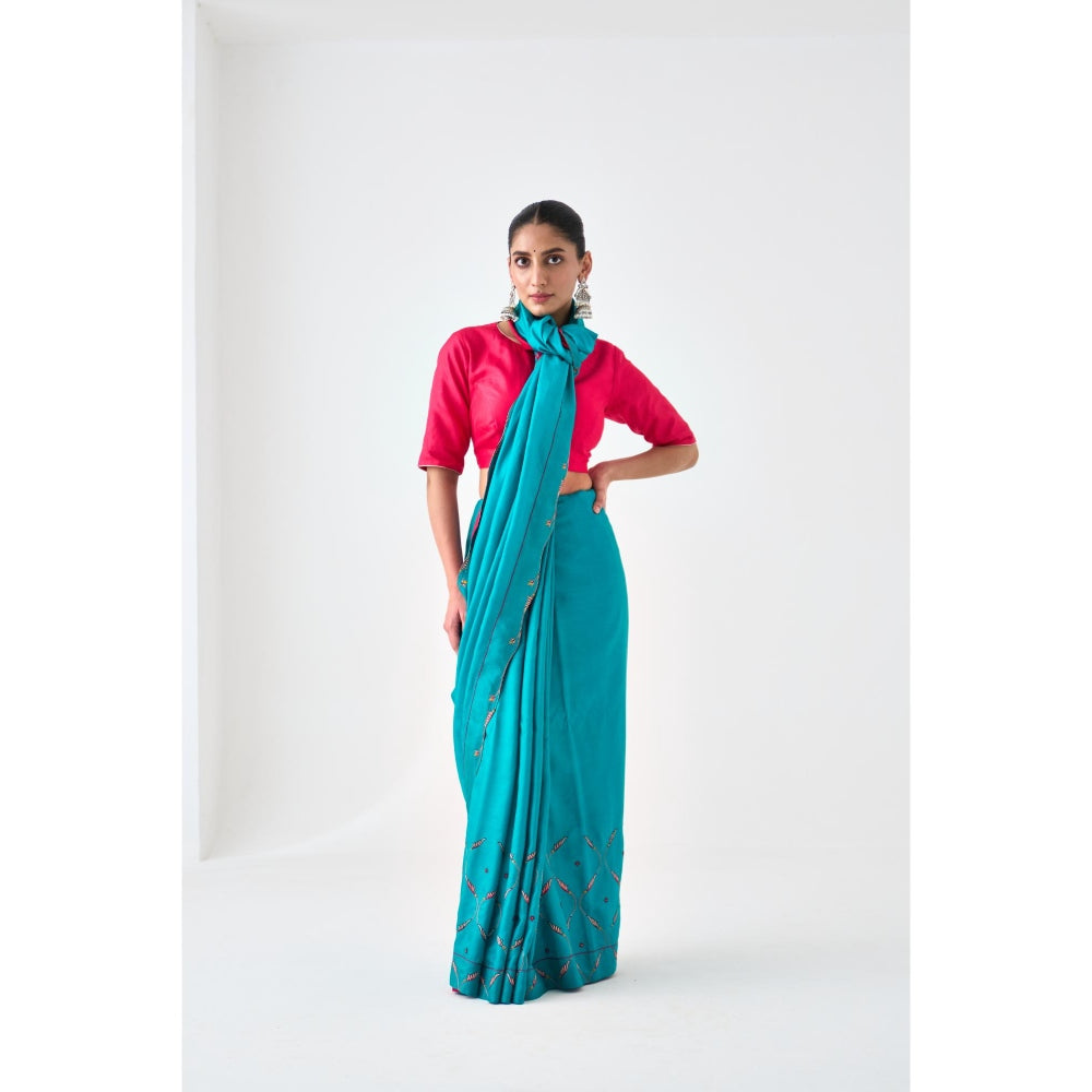 Janki India Blue Silk Embroidered Saree and Petticoat Without Blouse