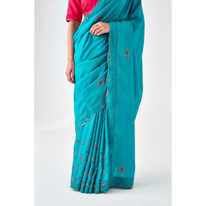 Janki India Blue Silk Embroidered Saree and Petticoat Without Blouse