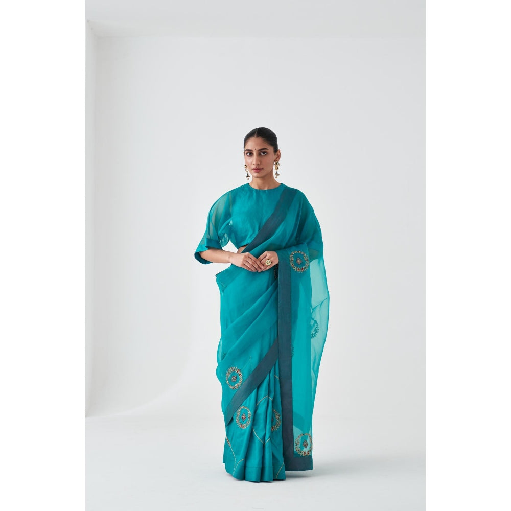 Janki India Blue Organza Embroidered Saree and Petticoat Without Blouse
