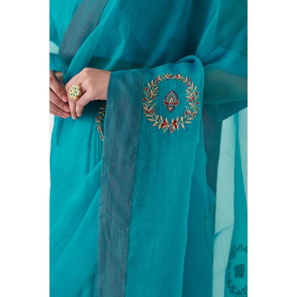 Janki India Blue Organza Embroidered Saree and Petticoat Without Blouse