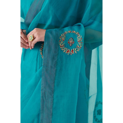 Janki India Blue Organza Embroidered Saree and Petticoat Without Blouse