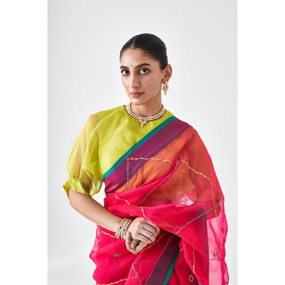 Janki India Fuchsia Pink Organza Embroidered Saree and Petticoat Without Blouse