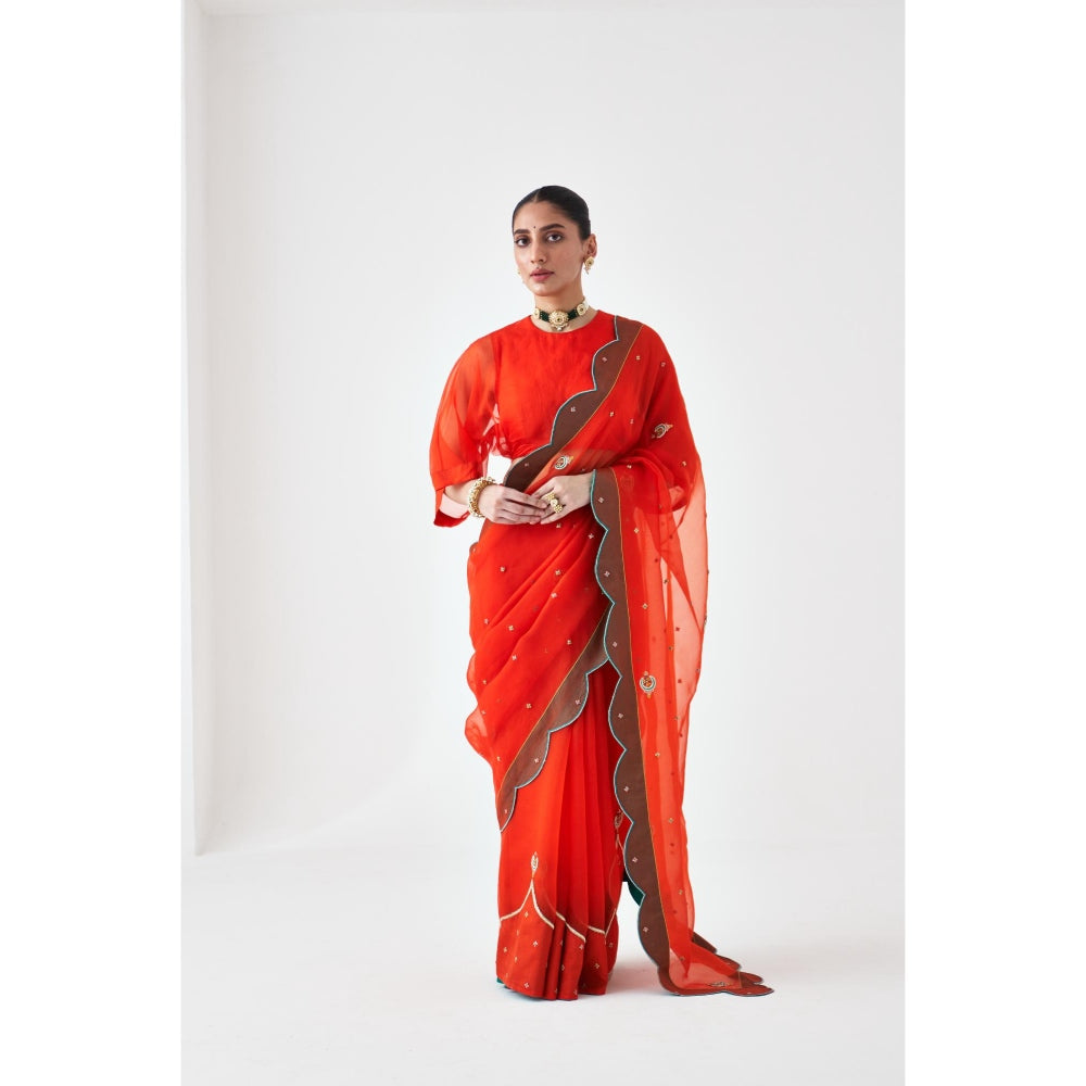 Janki India Orange Scallop Border Embroidered Saree and Petticoat Without Blouse