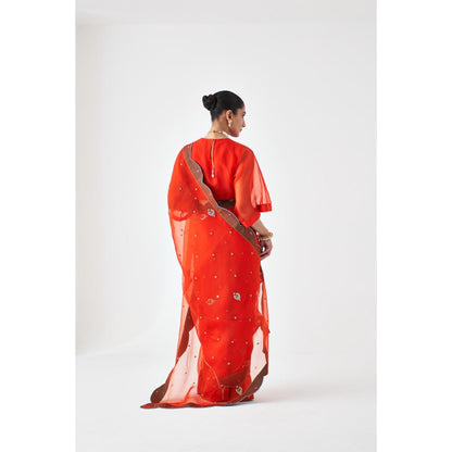 Janki India Orange Scallop Border Embroidered Saree and Petticoat Without Blouse