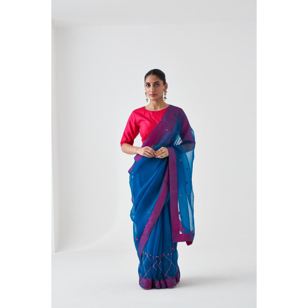 Janki India Blue Organza Embroidered Saree and Petticoat Without Blouse