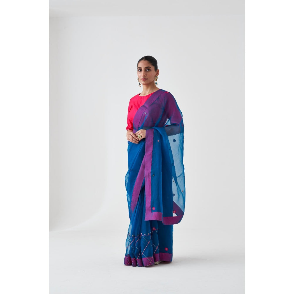 Janki India Blue Organza Embroidered Saree and Petticoat Without Blouse