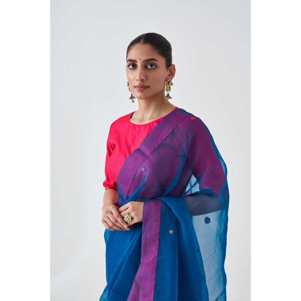 Janki India Blue Organza Embroidered Saree and Petticoat Without Blouse
