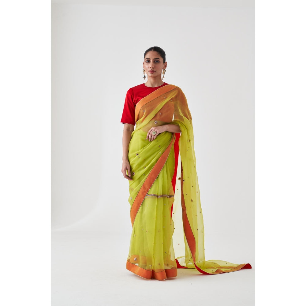 Janki India Lime Green Organza Embroidered with Petticoat and Without Blouse