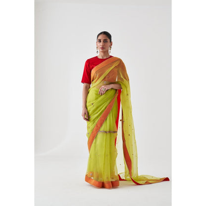 Janki India Lime Green Organza Embroidered with Petticoat and Without Blouse