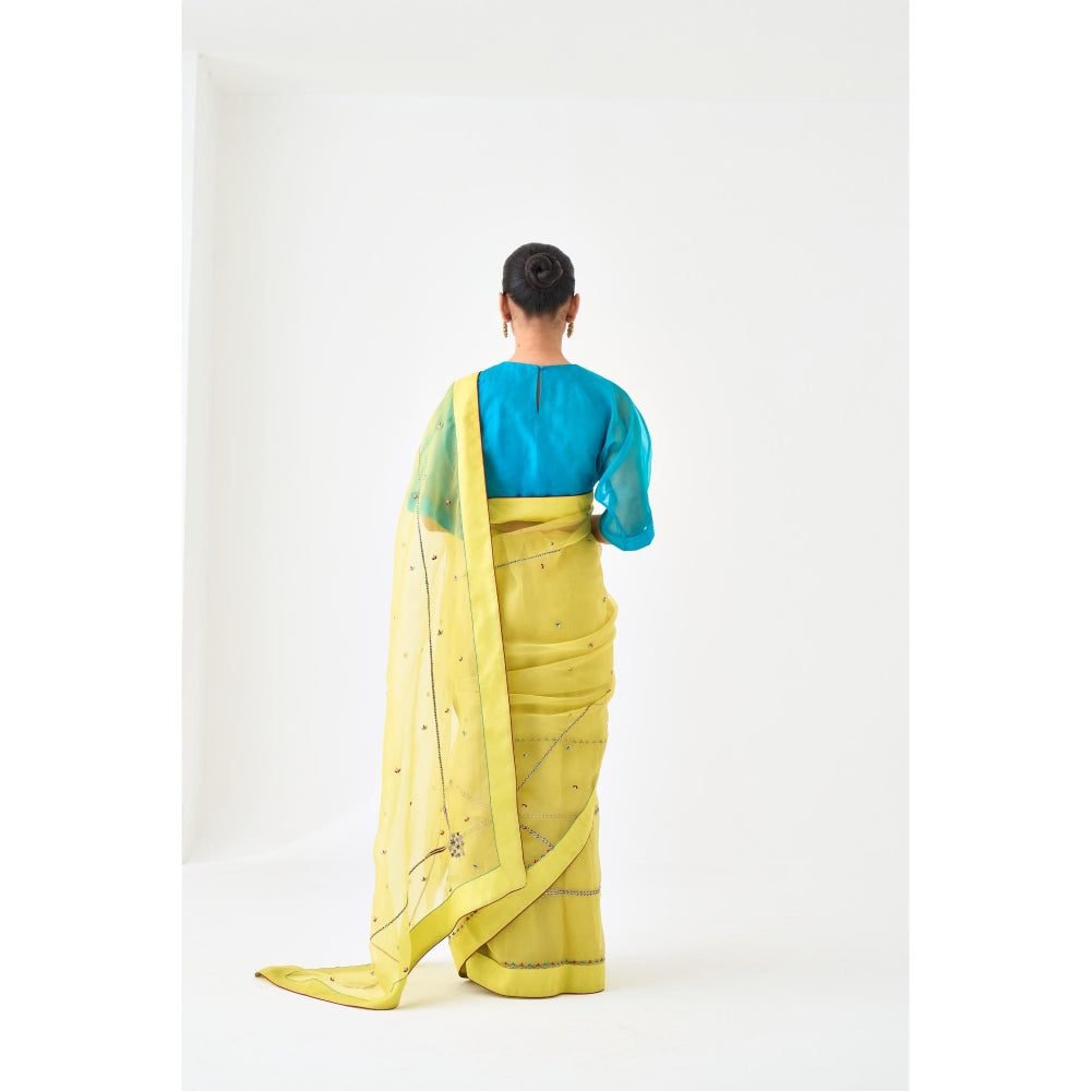 Janki India Yellow Organza Embroidered Saree and Petticoat Without Blouse