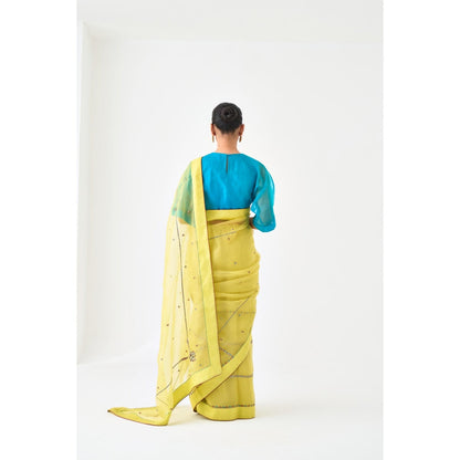 Janki India Yellow Organza Embroidered Saree and Petticoat Without Blouse