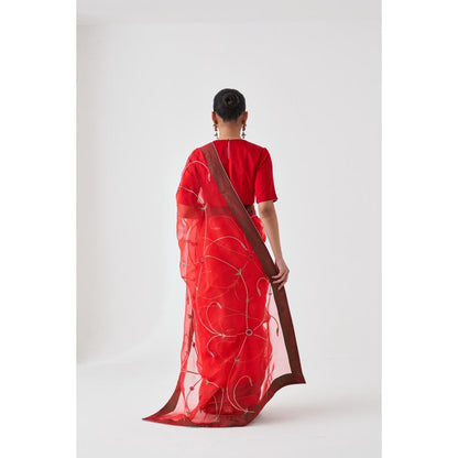 Janki India Red Organza Jaal Embroidered Saree and Petticoat Without Blouse
