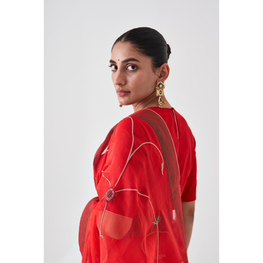 Janki India Red Organza Jaal Embroidered Saree and Petticoat Without Blouse