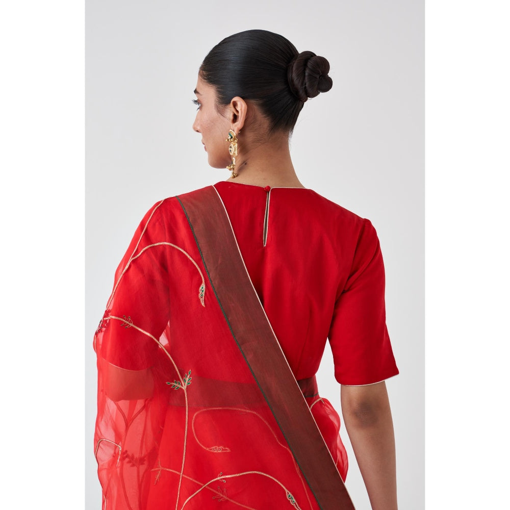 Janki India Red Organza Jaal Embroidered Saree and Petticoat Without Blouse
