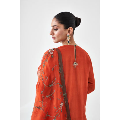 Janki India Rust Embroidered Organza Dupatta