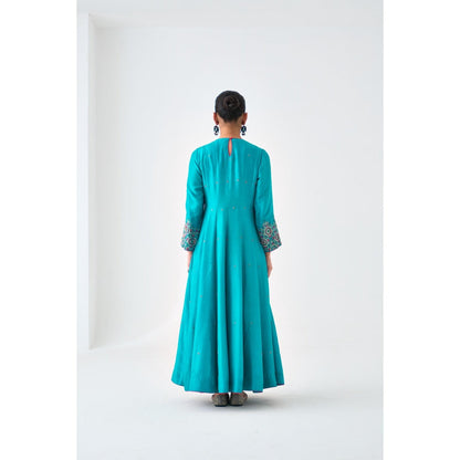 Janki India Turquoise Silk Dupion Embroidered Anarkali with Pant and Dupatta (Set of 3)