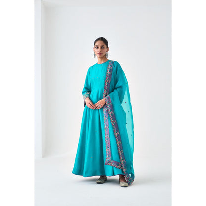 Janki India Turquoise Silk Dupion Embroidered Anarkali with Pant and Dupatta (Set of 3)