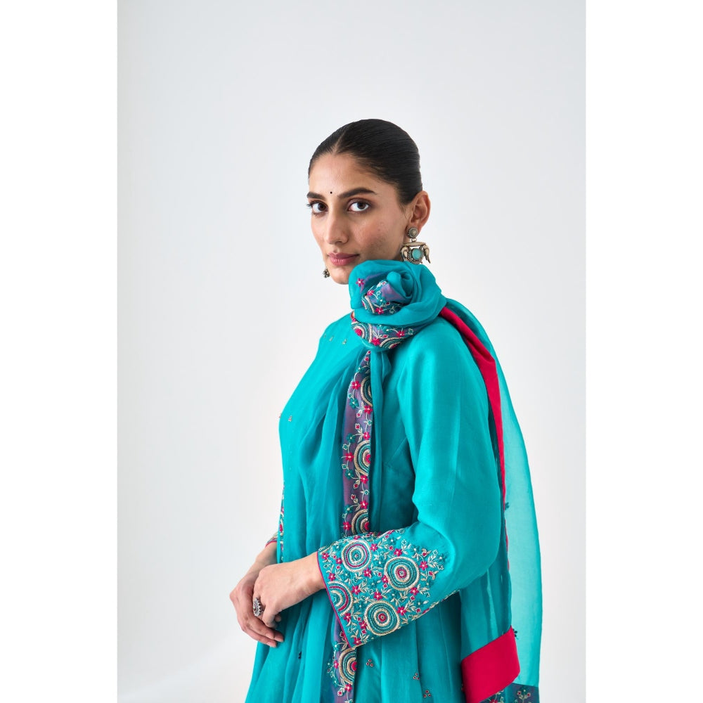 Janki India Turquoise Silk Dupion Embroidered Anarkali with Pant and Dupatta (Set of 3)