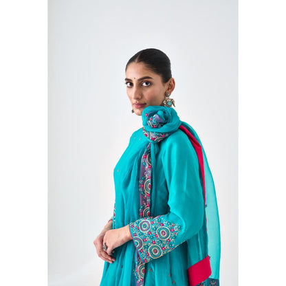 Janki India Turquoise Silk Dupion Embroidered Anarkali with Pant and Dupatta (Set of 3)