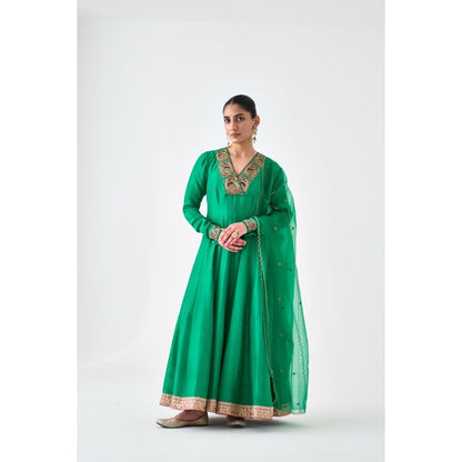 Janki India Green Silk Dupion Embroidered Anarkali with Pant and Dupatta (Set of 3)