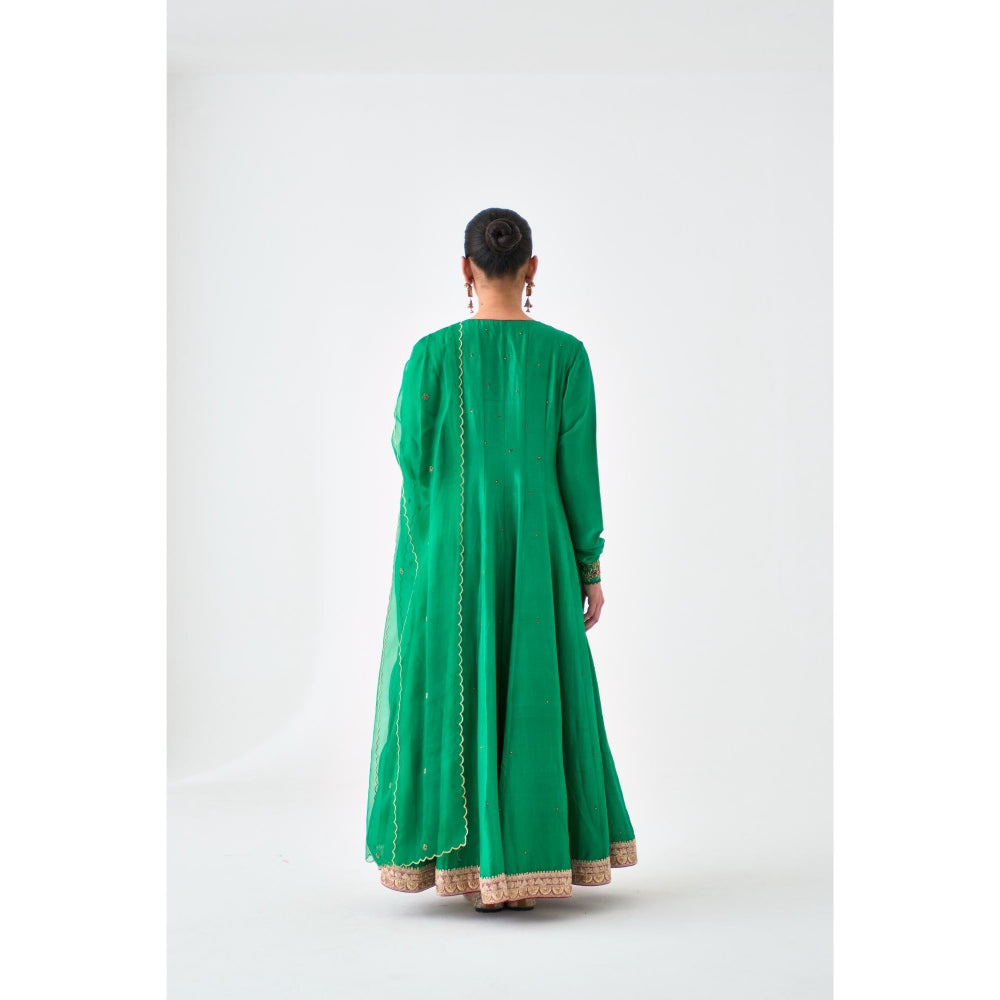 Janki India Green Silk Dupion Embroidered Anarkali with Pant and Dupatta (Set of 3)