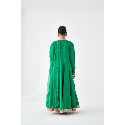 Janki India Green Silk Dupion Embroidered Anarkali with Pant and Dupatta (Set of 3)