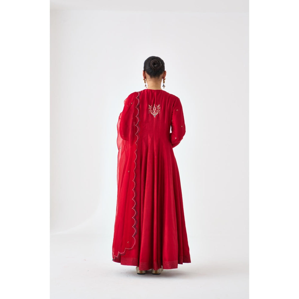 Janki India Red Dupion Silk Embroidered V Neck Anarkali with Pant and Dupatta (Set of 3)