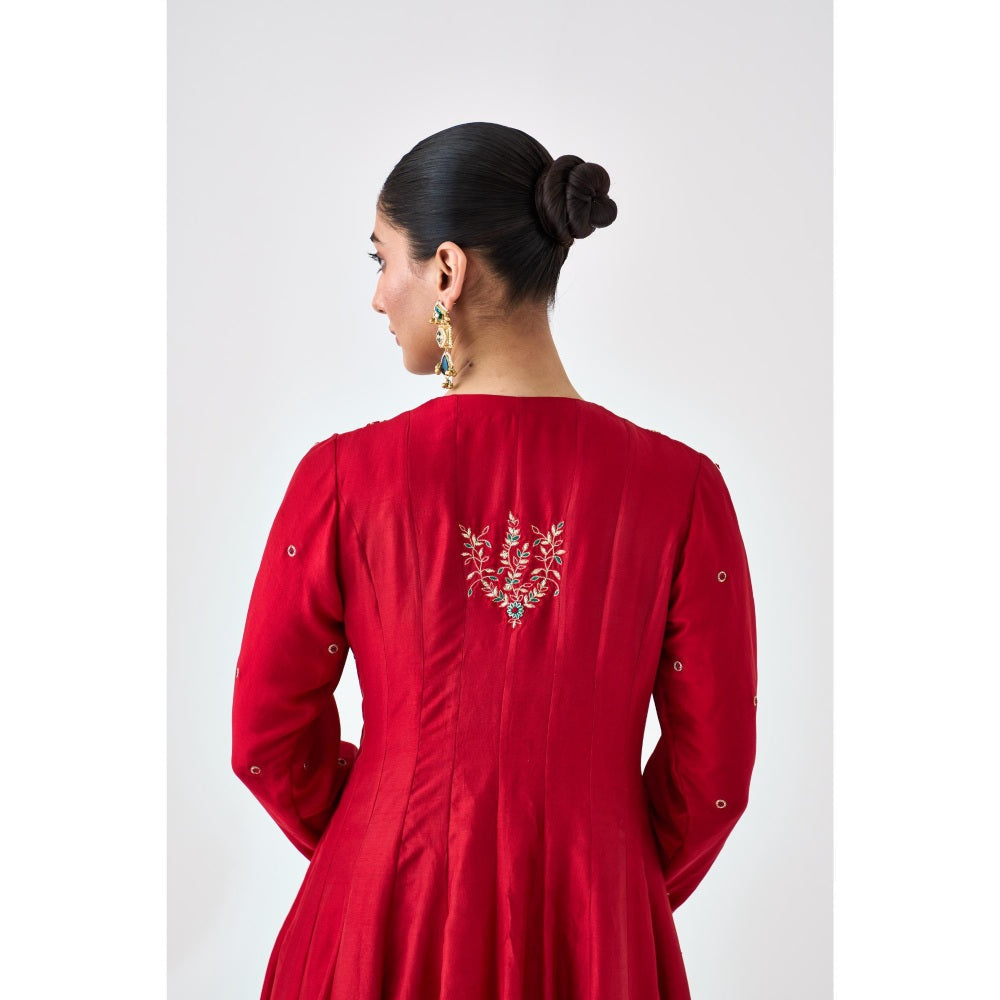 Janki India Red Dupion Silk Embroidered V Neck Anarkali with Pant and Dupatta (Set of 3)